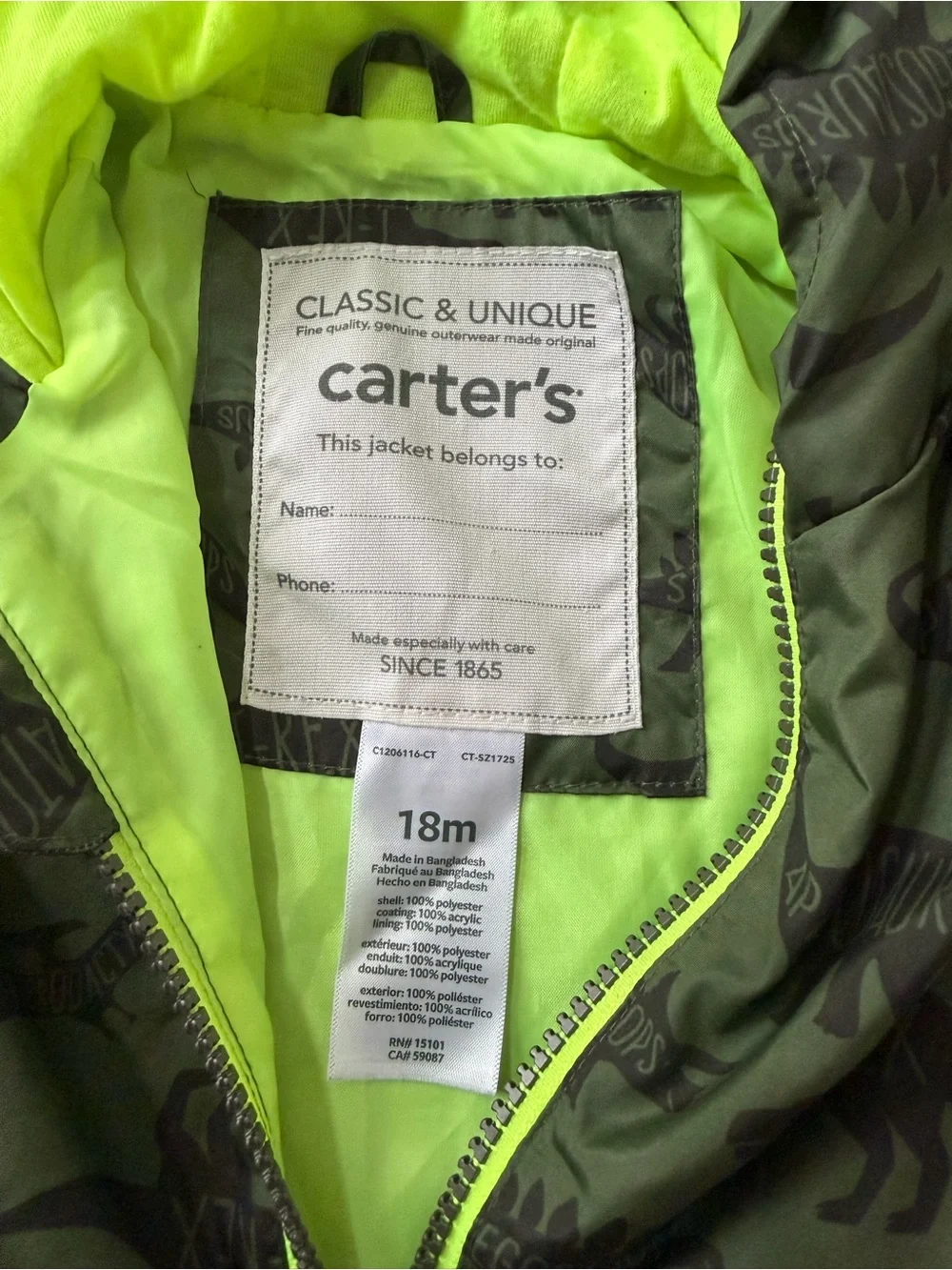 Carter's Green Dinosaur Hooded Jacket, size 18M